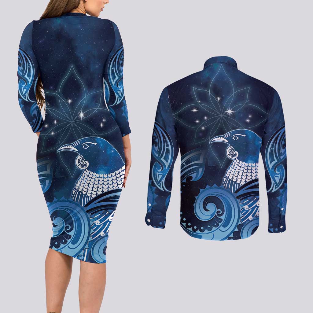 New Zealand Matariki Couples Matching Long Sleeve Bodycon Dress and Long Sleeve Button Shirt Maori Tui Bird Blue Galaxy DT05 - Polynesian Pride