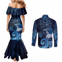 New Zealand Matariki Couples Matching Mermaid Dress and Long Sleeve Button Shirt Maori Tui Bird Blue Galaxy DT05 - Polynesian Pride