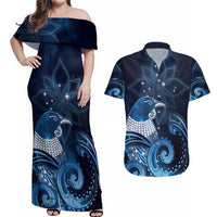 New Zealand Matariki Couples Matching Off Shoulder Maxi Dress and Hawaiian Shirt Maori Tui Bird Blue Galaxy DT05 Blue - Polynesian Pride