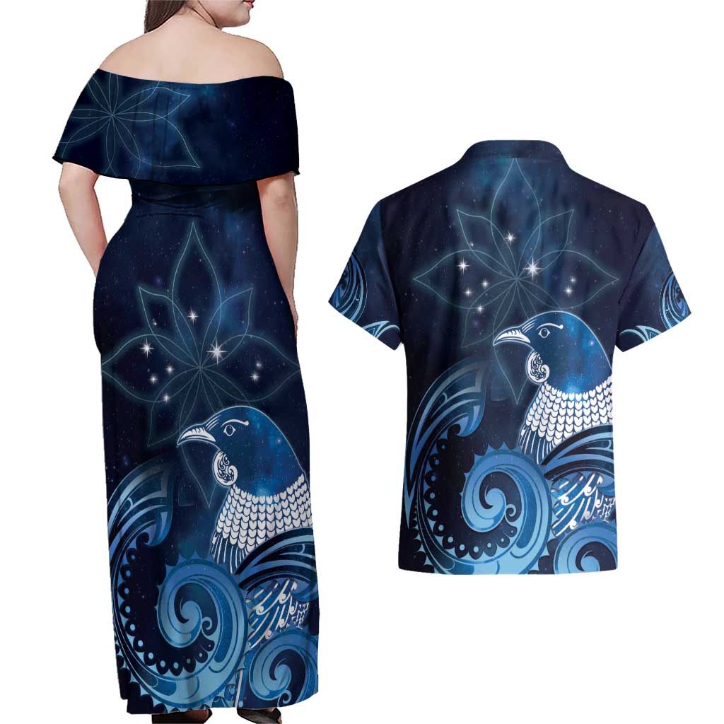 New Zealand Matariki Couples Matching Off Shoulder Maxi Dress and Hawaiian Shirt Maori Tui Bird Blue Galaxy DT05 - Polynesian Pride
