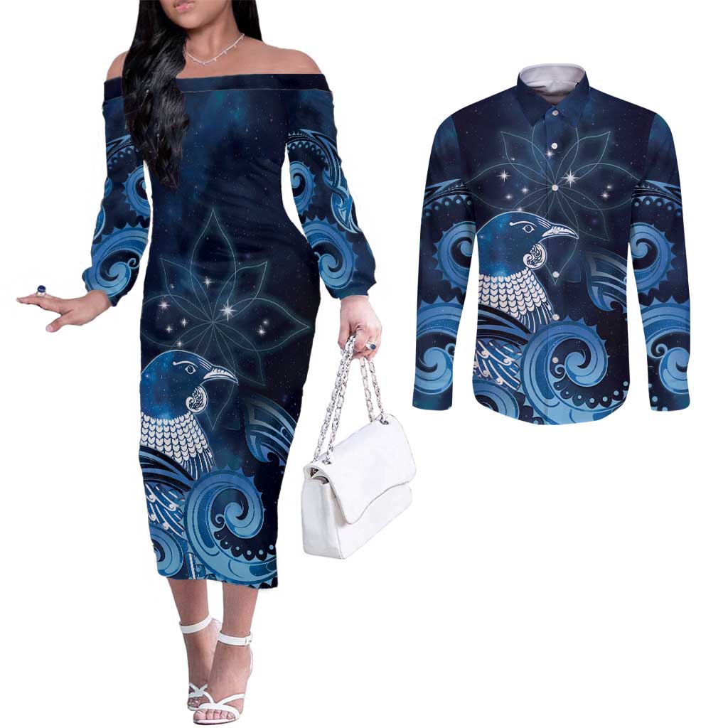 New Zealand Matariki Couples Matching Off The Shoulder Long Sleeve Dress and Long Sleeve Button Shirt Maori Tui Bird Blue Galaxy DT05 Blue - Polynesian Pride