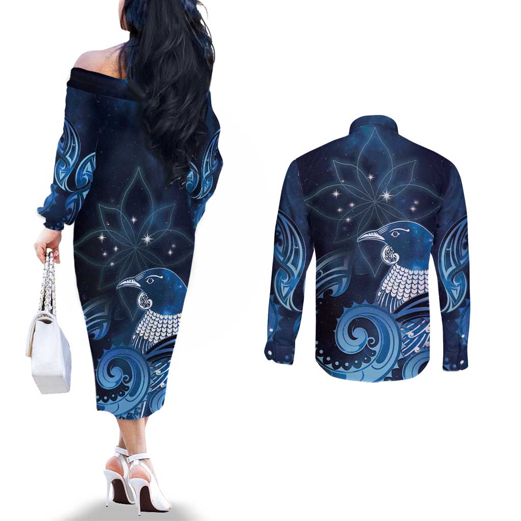 New Zealand Matariki Couples Matching Off The Shoulder Long Sleeve Dress and Long Sleeve Button Shirt Maori Tui Bird Blue Galaxy DT05 - Polynesian Pride