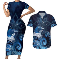 New Zealand Matariki Couples Matching Short Sleeve Bodycon Dress and Hawaiian Shirt Maori Tui Bird Blue Galaxy DT05 Blue - Polynesian Pride