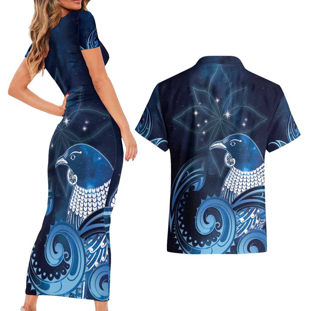 New Zealand Matariki Couples Matching Short Sleeve Bodycon Dress and Hawaiian Shirt Maori Tui Bird Blue Galaxy DT05 - Polynesian Pride