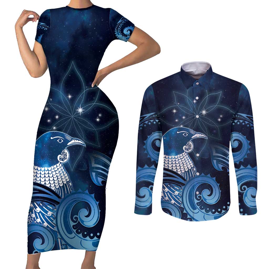New Zealand Matariki Couples Matching Short Sleeve Bodycon Dress and Long Sleeve Button Shirt Maori Tui Bird Blue Galaxy DT05 Blue - Polynesian Pride