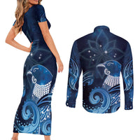 New Zealand Matariki Couples Matching Short Sleeve Bodycon Dress and Long Sleeve Button Shirt Maori Tui Bird Blue Galaxy DT05 - Polynesian Pride