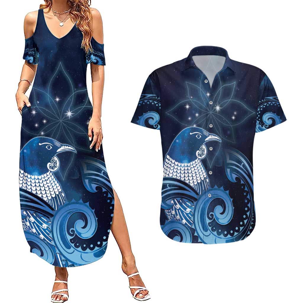 New Zealand Matariki Couples Matching Summer Maxi Dress and Hawaiian Shirt Maori Tui Bird Blue Galaxy DT05 Blue - Polynesian Pride