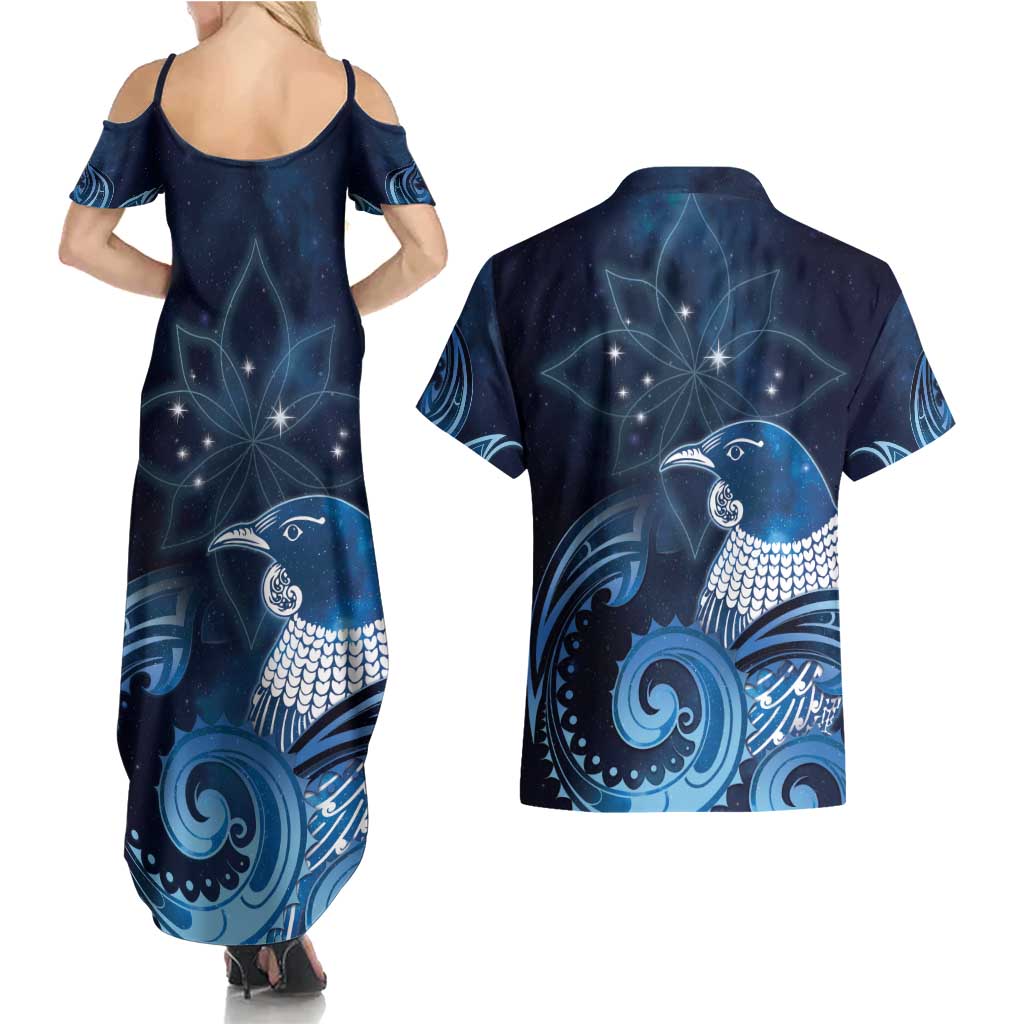 New Zealand Matariki Couples Matching Summer Maxi Dress and Hawaiian Shirt Maori Tui Bird Blue Galaxy DT05 - Polynesian Pride