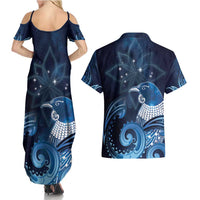 New Zealand Matariki Couples Matching Summer Maxi Dress and Hawaiian Shirt Maori Tui Bird Blue Galaxy DT05 - Polynesian Pride