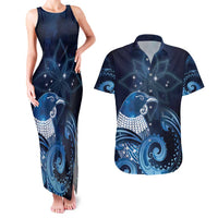 New Zealand Matariki Couples Matching Tank Maxi Dress and Hawaiian Shirt Maori Tui Bird Blue Galaxy DT05 Blue - Polynesian Pride