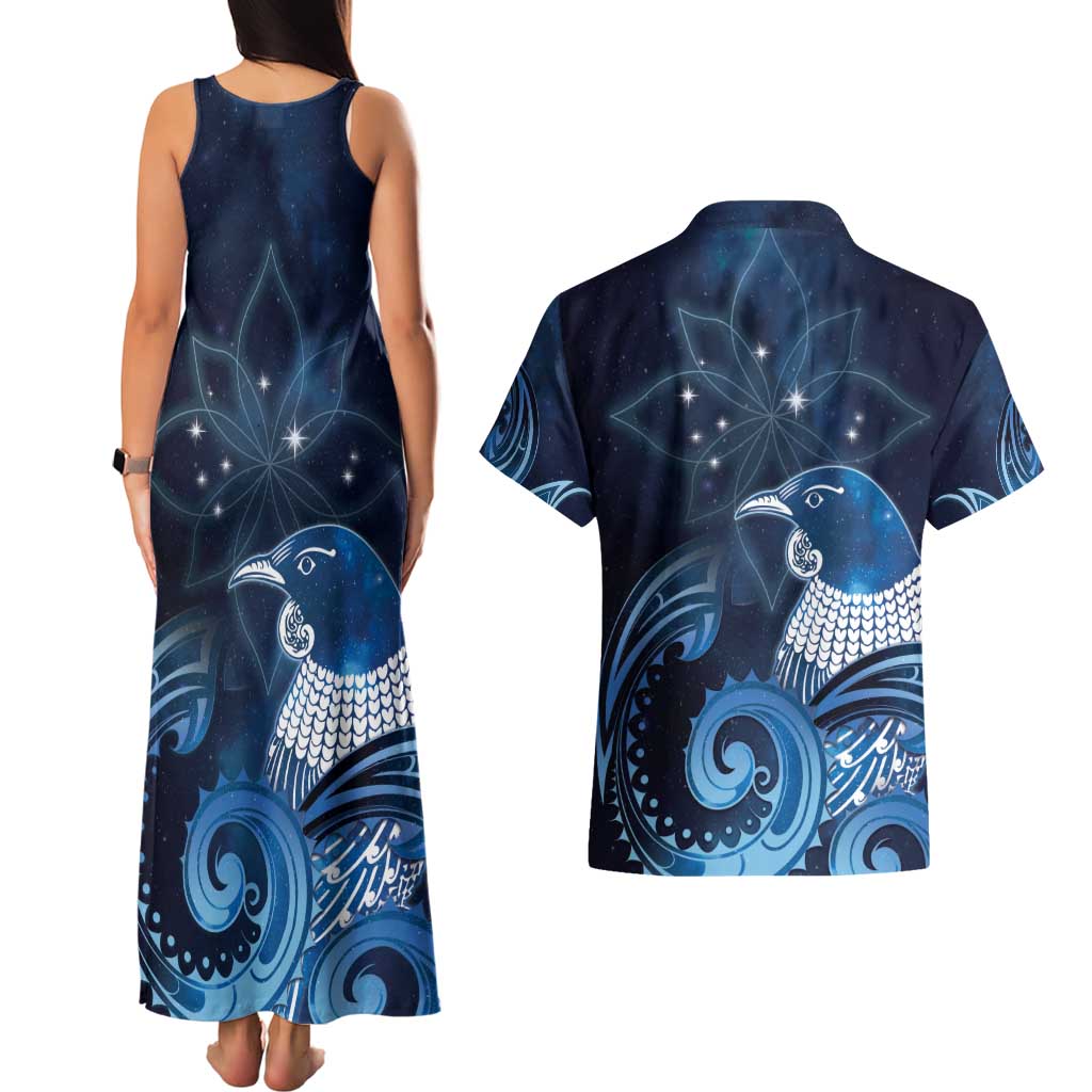 New Zealand Matariki Couples Matching Tank Maxi Dress and Hawaiian Shirt Maori Tui Bird Blue Galaxy DT05 - Polynesian Pride