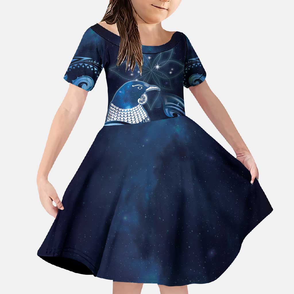 New Zealand Matariki Family Matching Long Sleeve Bodycon Dress and Hawaiian Shirt Maori Tui Bird Blue Galaxy DT05 Daughter's Dress Blue - Polynesian Pride