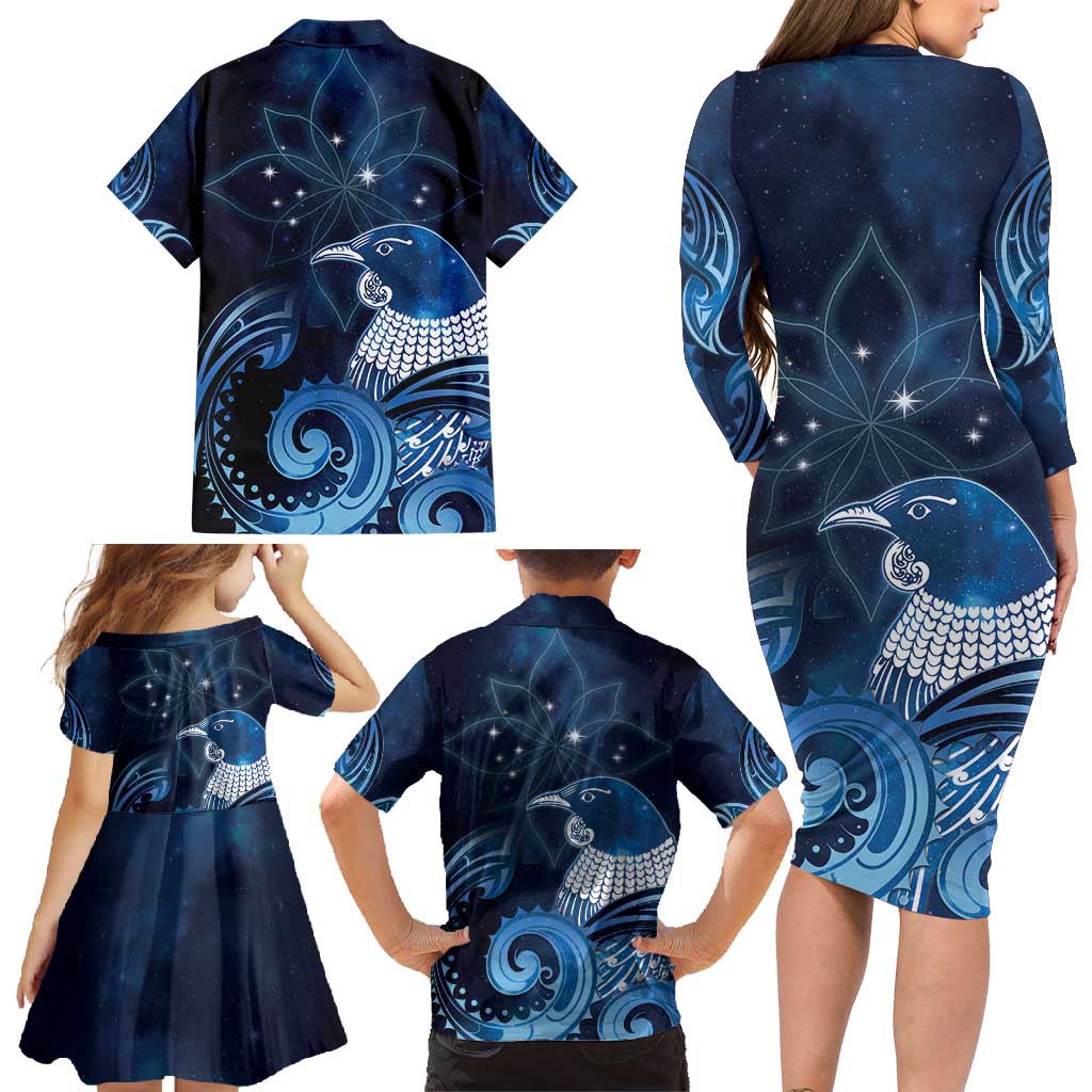 New Zealand Matariki Family Matching Long Sleeve Bodycon Dress and Hawaiian Shirt Maori Tui Bird Blue Galaxy DT05 - Polynesian Pride