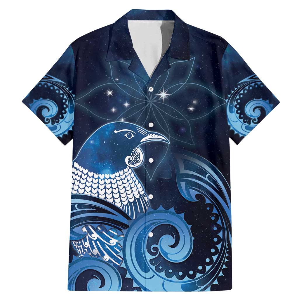 New Zealand Matariki Family Matching Mermaid Dress and Hawaiian Shirt Maori Tui Bird Blue Galaxy DT05 Dad's Shirt - Short Sleeve Blue - Polynesian Pride