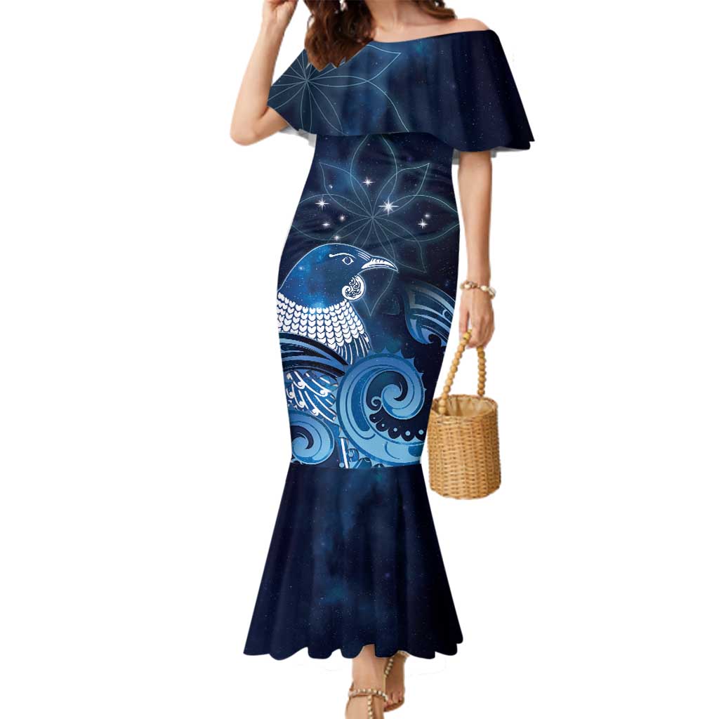 New Zealand Matariki Family Matching Mermaid Dress and Hawaiian Shirt Maori Tui Bird Blue Galaxy DT05 Mom's Dress Blue - Polynesian Pride