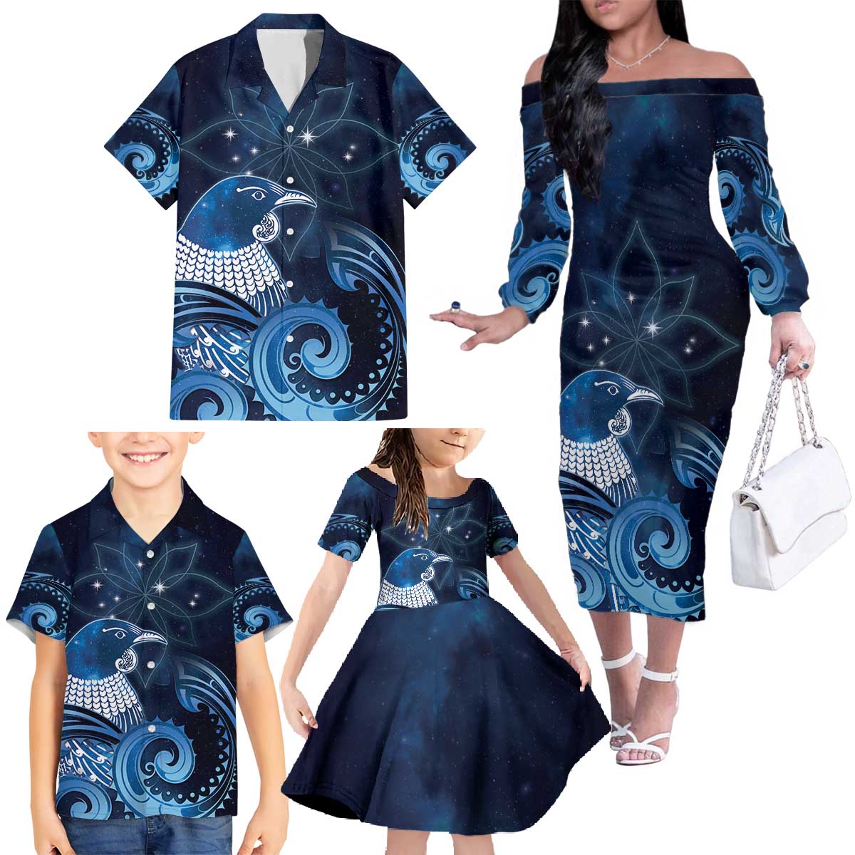 New Zealand Matariki Family Matching Off The Shoulder Long Sleeve Dress and Hawaiian Shirt Maori Tui Bird Blue Galaxy DT05 - Polynesian Pride