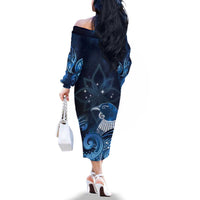 New Zealand Matariki Family Matching Off The Shoulder Long Sleeve Dress and Hawaiian Shirt Maori Tui Bird Blue Galaxy DT05 - Polynesian Pride