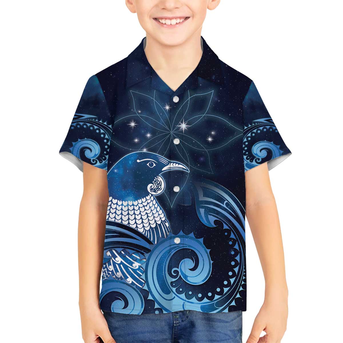 New Zealand Matariki Family Matching Off The Shoulder Long Sleeve Dress and Hawaiian Shirt Maori Tui Bird Blue Galaxy DT05 Son's Shirt Blue - Polynesian Pride