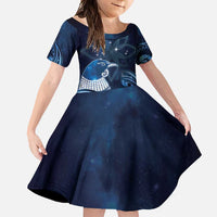 New Zealand Matariki Family Matching Off Shoulder Maxi Dress and Hawaiian Shirt Maori Tui Bird Blue Galaxy DT05 Daughter's Dress Blue - Polynesian Pride