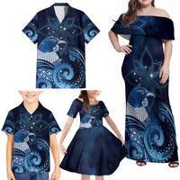 New Zealand Matariki Family Matching Off Shoulder Maxi Dress and Hawaiian Shirt Maori Tui Bird Blue Galaxy DT05 - Polynesian Pride