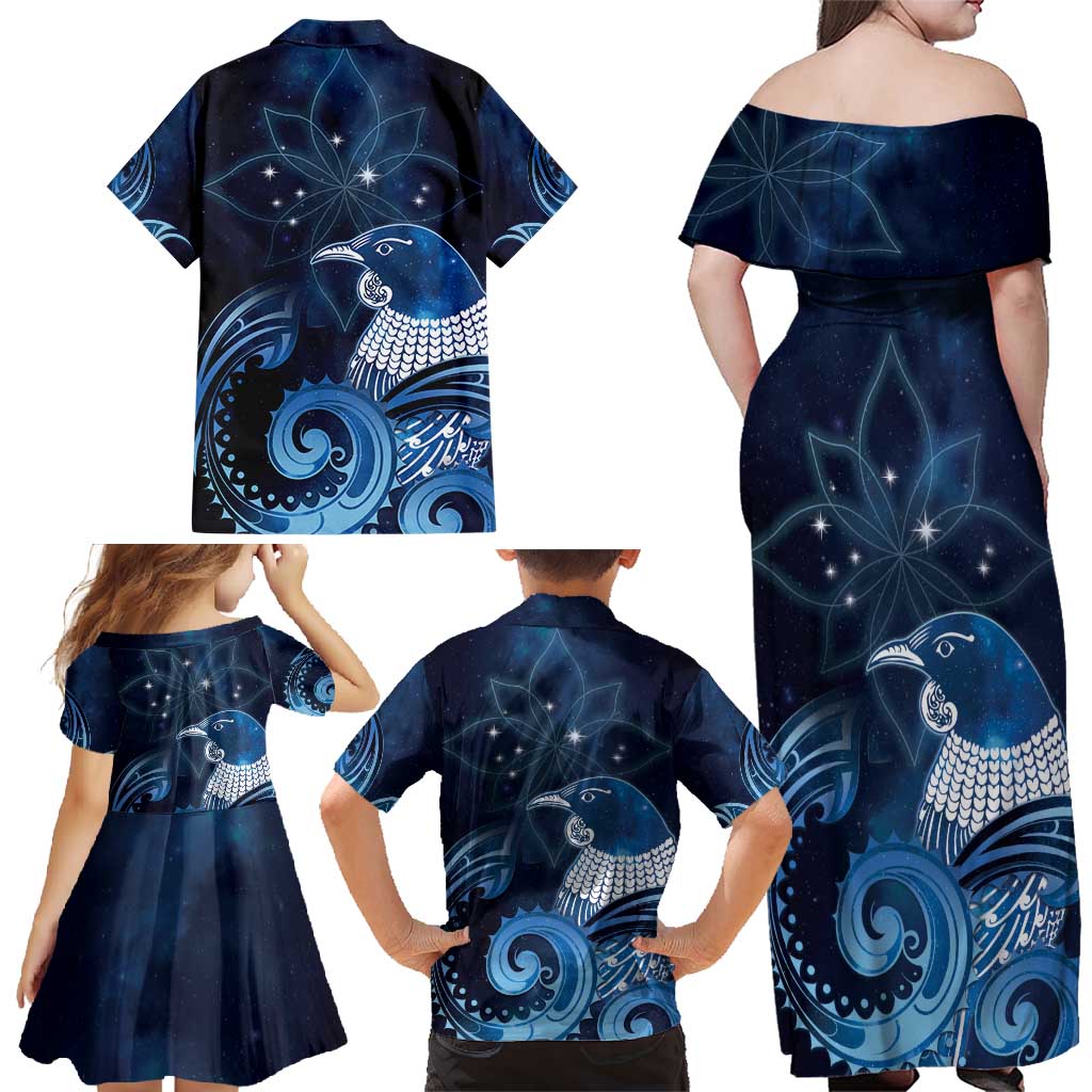 New Zealand Matariki Family Matching Off Shoulder Maxi Dress and Hawaiian Shirt Maori Tui Bird Blue Galaxy DT05 - Polynesian Pride