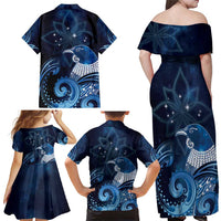 New Zealand Matariki Family Matching Off Shoulder Maxi Dress and Hawaiian Shirt Maori Tui Bird Blue Galaxy DT05 - Polynesian Pride