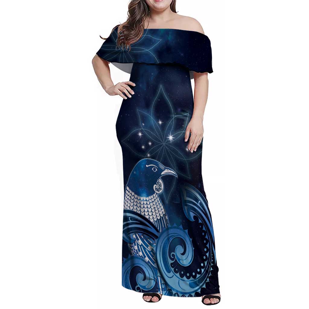 New Zealand Matariki Family Matching Off Shoulder Maxi Dress and Hawaiian Shirt Maori Tui Bird Blue Galaxy DT05 Mom's Dress Blue - Polynesian Pride