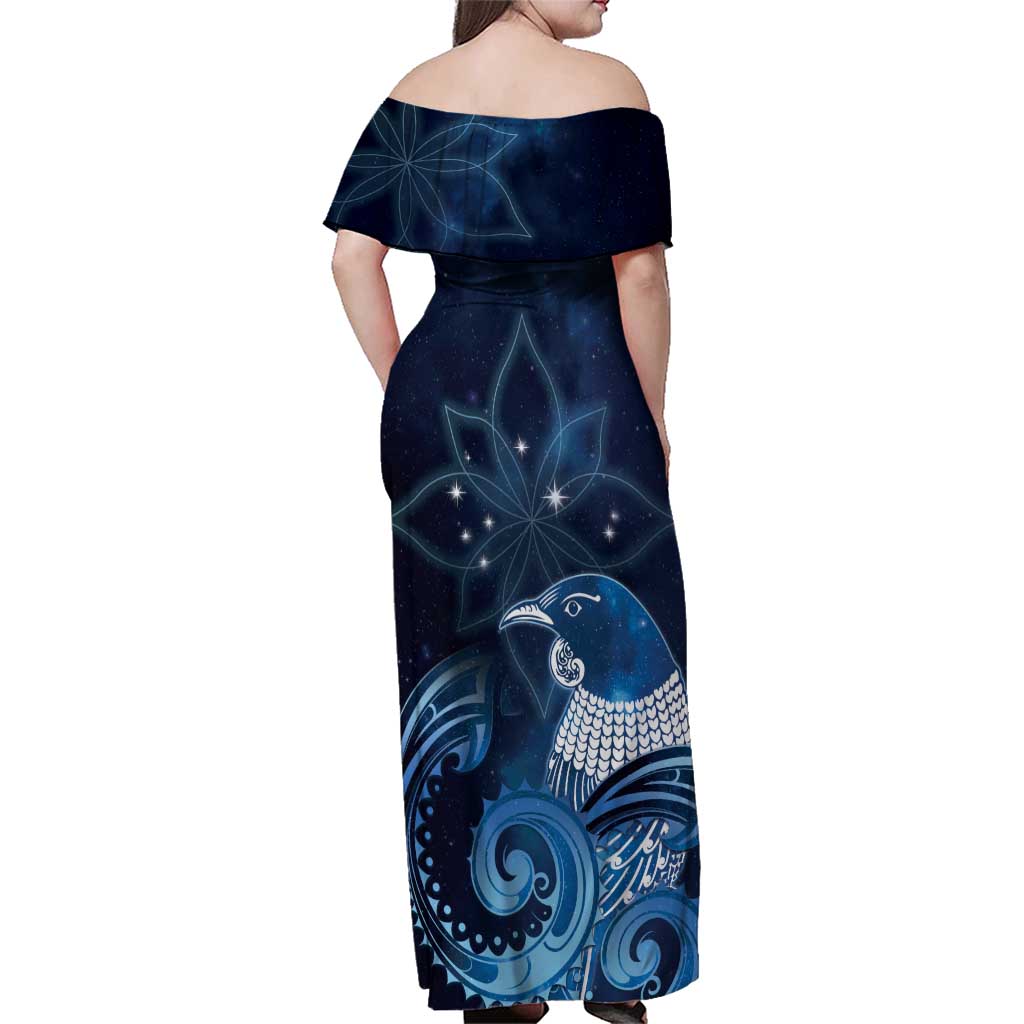 New Zealand Matariki Family Matching Off Shoulder Maxi Dress and Hawaiian Shirt Maori Tui Bird Blue Galaxy DT05 - Polynesian Pride