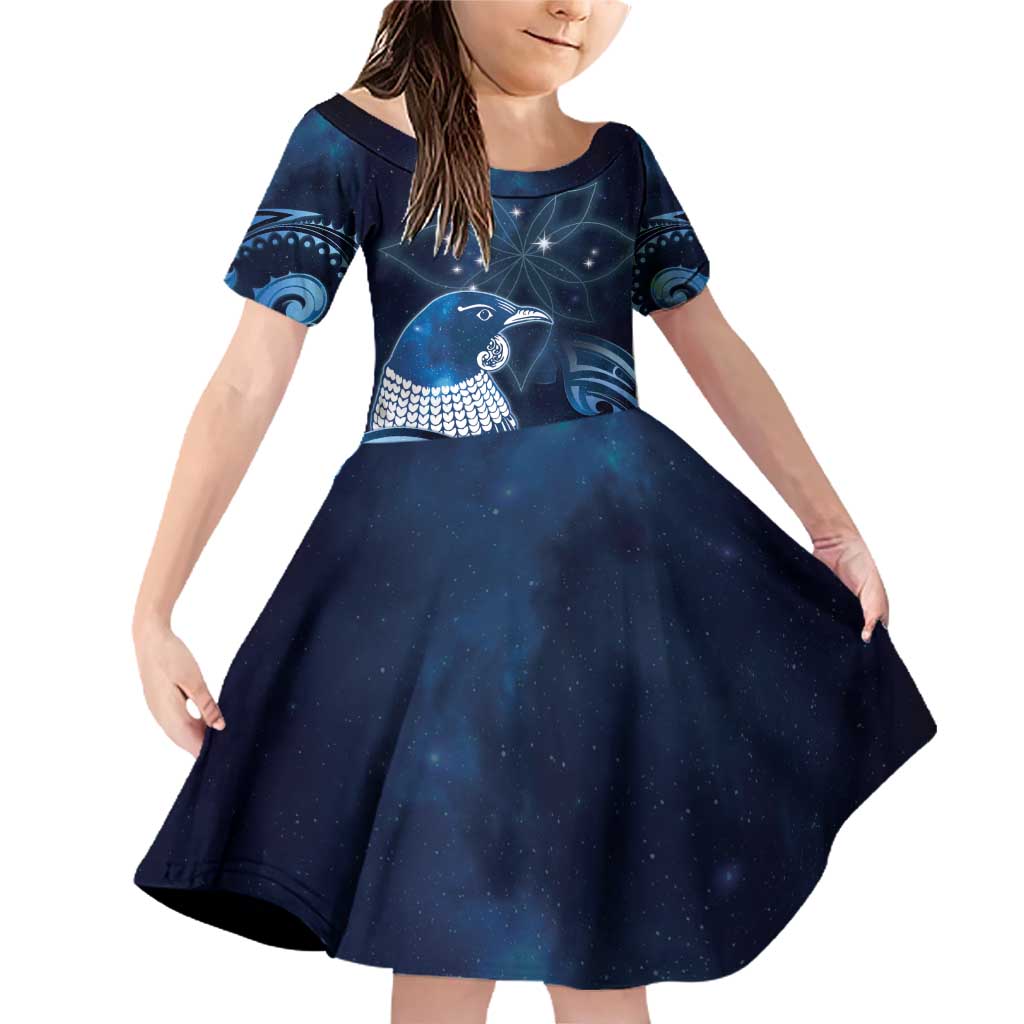 New Zealand Matariki Family Matching Off Shoulder Short Dress and Hawaiian Shirt Maori Tui Bird Blue Galaxy DT05 Daughter's Dress Blue - Polynesian Pride