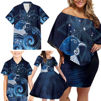 New Zealand Matariki Family Matching Off Shoulder Short Dress and Hawaiian Shirt Maori Tui Bird Blue Galaxy DT05 - Polynesian Pride