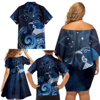New Zealand Matariki Family Matching Off Shoulder Short Dress and Hawaiian Shirt Maori Tui Bird Blue Galaxy DT05 - Polynesian Pride