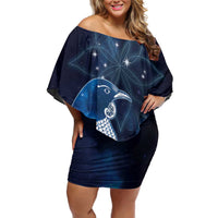 New Zealand Matariki Family Matching Off Shoulder Short Dress and Hawaiian Shirt Maori Tui Bird Blue Galaxy DT05 Mom's Dress Blue - Polynesian Pride