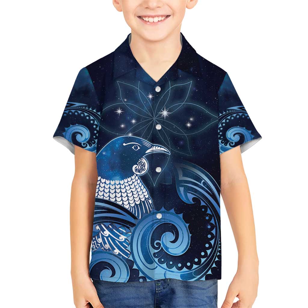New Zealand Matariki Family Matching Off Shoulder Short Dress and Hawaiian Shirt Maori Tui Bird Blue Galaxy DT05 Son's Shirt Blue - Polynesian Pride