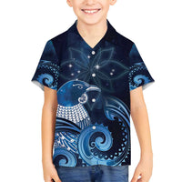 New Zealand Matariki Family Matching Off Shoulder Short Dress and Hawaiian Shirt Maori Tui Bird Blue Galaxy DT05 Son's Shirt Blue - Polynesian Pride