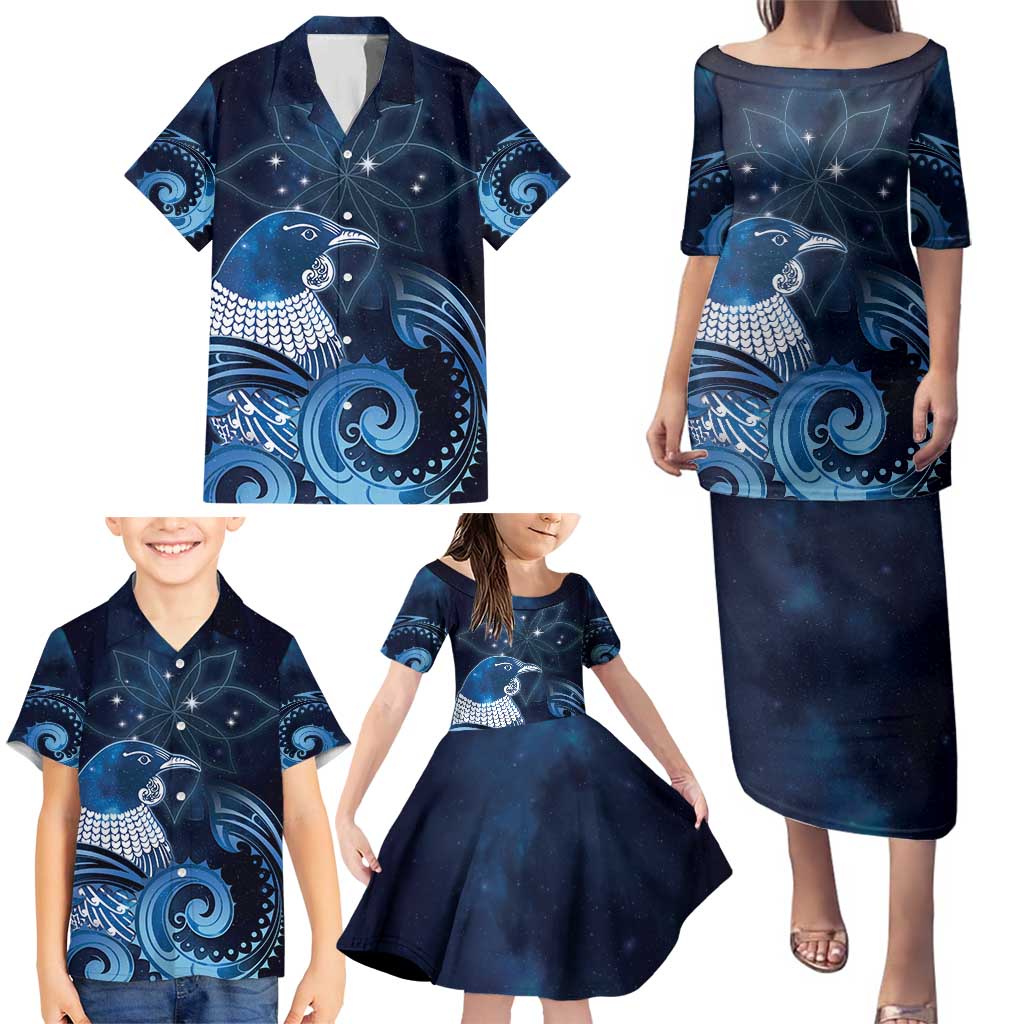 New Zealand Matariki Family Matching Puletasi and Hawaiian Shirt Maori Tui Bird Blue Galaxy DT05 - Polynesian Pride