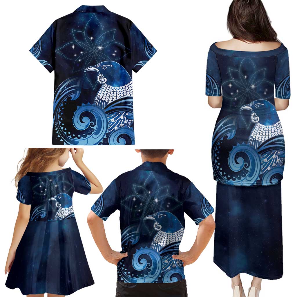 New Zealand Matariki Family Matching Puletasi and Hawaiian Shirt Maori Tui Bird Blue Galaxy DT05 - Polynesian Pride