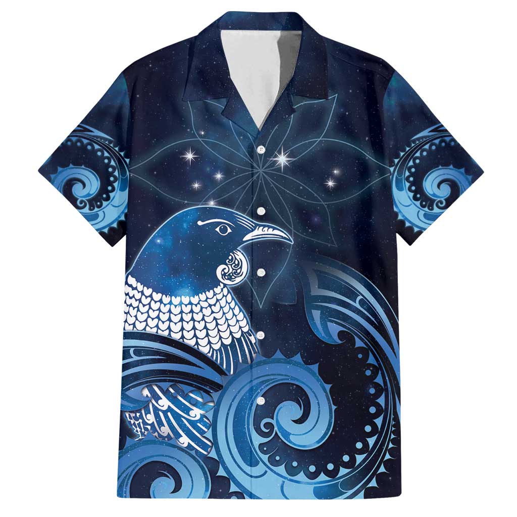 New Zealand Matariki Family Matching Puletasi and Hawaiian Shirt Maori Tui Bird Blue Galaxy DT05 Dad's Shirt - Short Sleeve Blue - Polynesian Pride