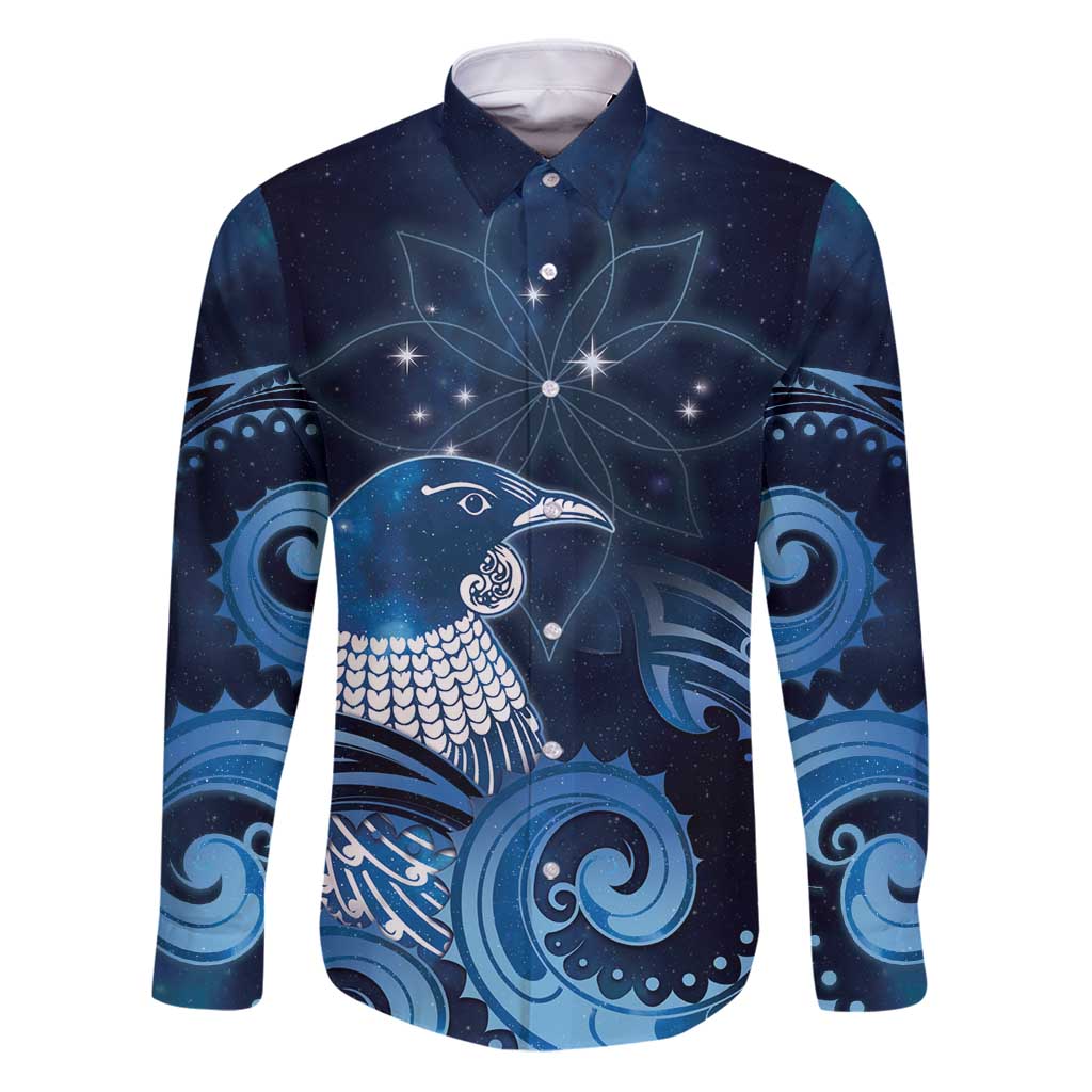 New Zealand Matariki Family Matching Puletasi and Hawaiian Shirt Maori Tui Bird Blue Galaxy DT05 Dad's Shirt - Long Sleeve Blue - Polynesian Pride