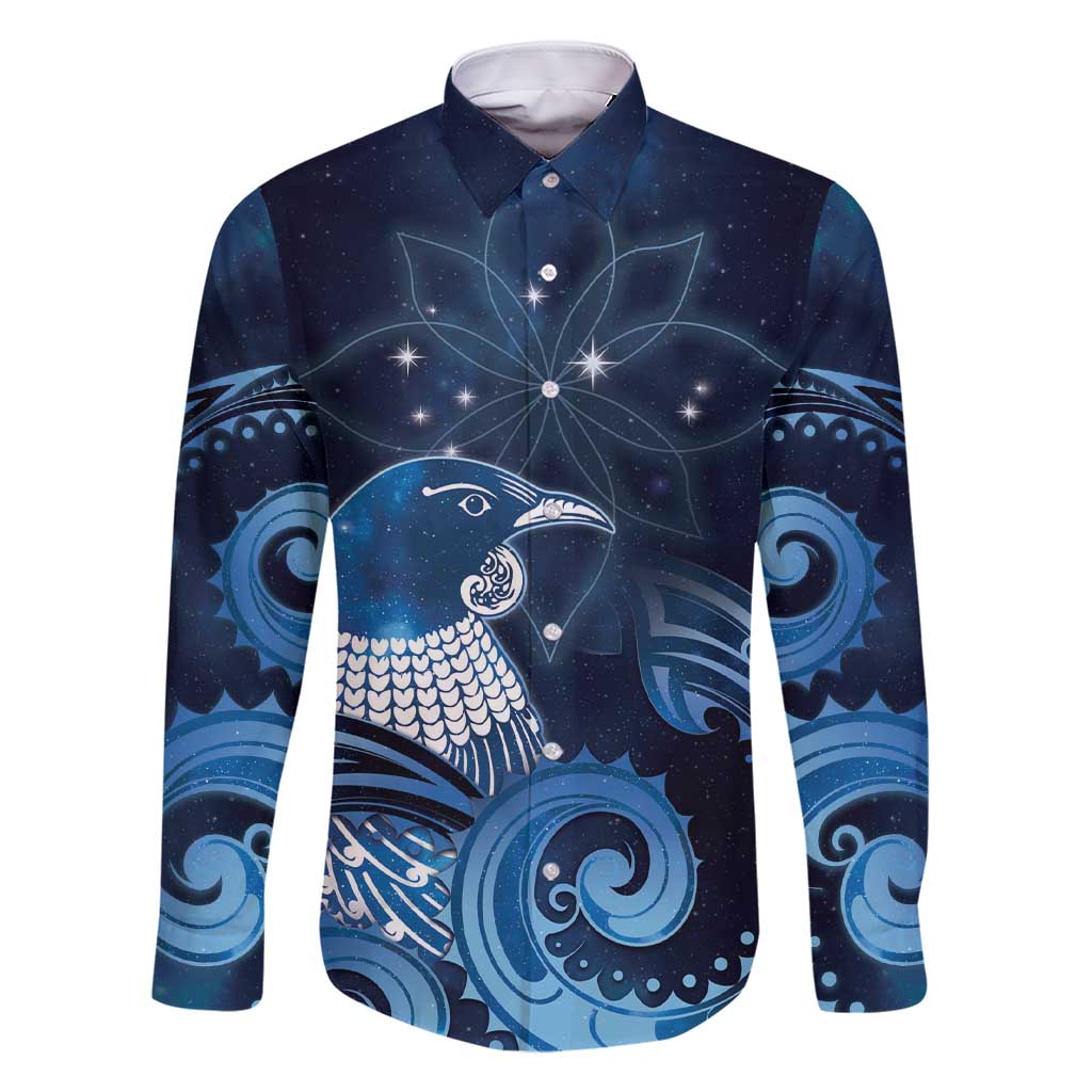 New Zealand Matariki Family Matching Short Sleeve Bodycon Dress and Hawaiian Shirt Maori Tui Bird Blue Galaxy DT05 Dad's Shirt - Long Sleeve Blue - Polynesian Pride