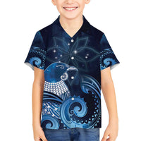 New Zealand Matariki Family Matching Short Sleeve Bodycon Dress and Hawaiian Shirt Maori Tui Bird Blue Galaxy DT05 Son's Shirt Blue - Polynesian Pride
