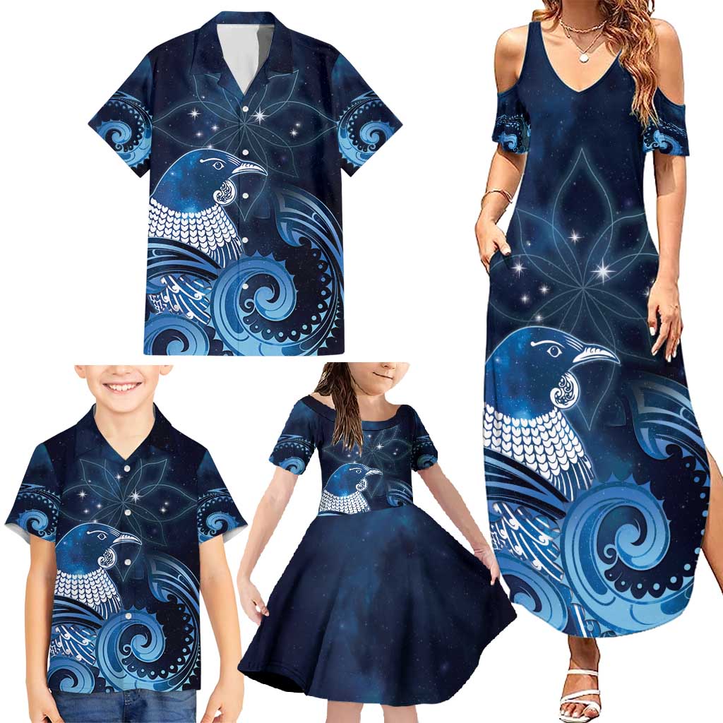 New Zealand Matariki Family Matching Summer Maxi Dress and Hawaiian Shirt Maori Tui Bird Blue Galaxy DT05 - Polynesian Pride