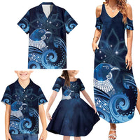 New Zealand Matariki Family Matching Summer Maxi Dress and Hawaiian Shirt Maori Tui Bird Blue Galaxy DT05 - Polynesian Pride