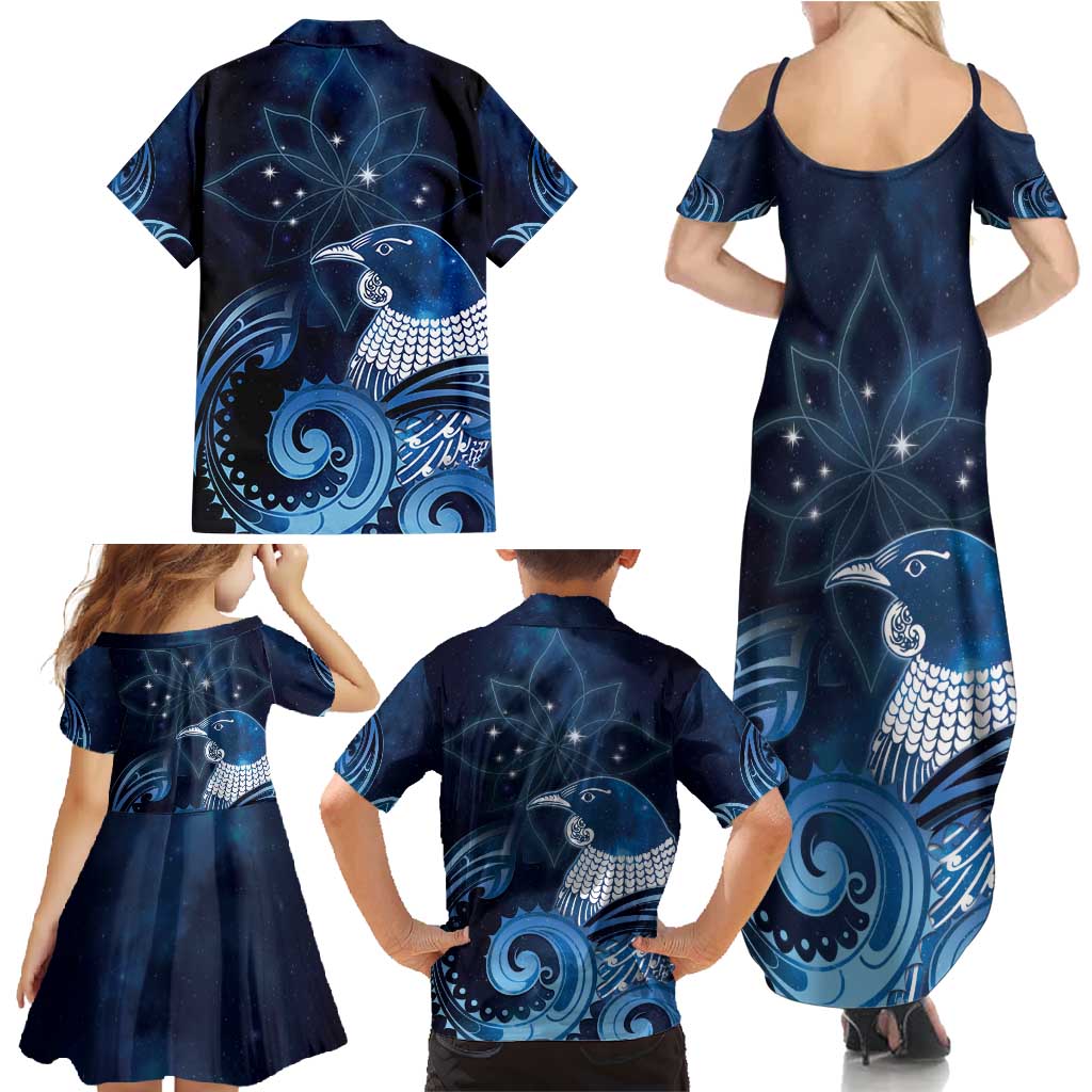 New Zealand Matariki Family Matching Summer Maxi Dress and Hawaiian Shirt Maori Tui Bird Blue Galaxy DT05 - Polynesian Pride