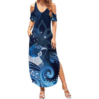 New Zealand Matariki Family Matching Summer Maxi Dress and Hawaiian Shirt Maori Tui Bird Blue Galaxy DT05 Mom's Dress Blue - Polynesian Pride