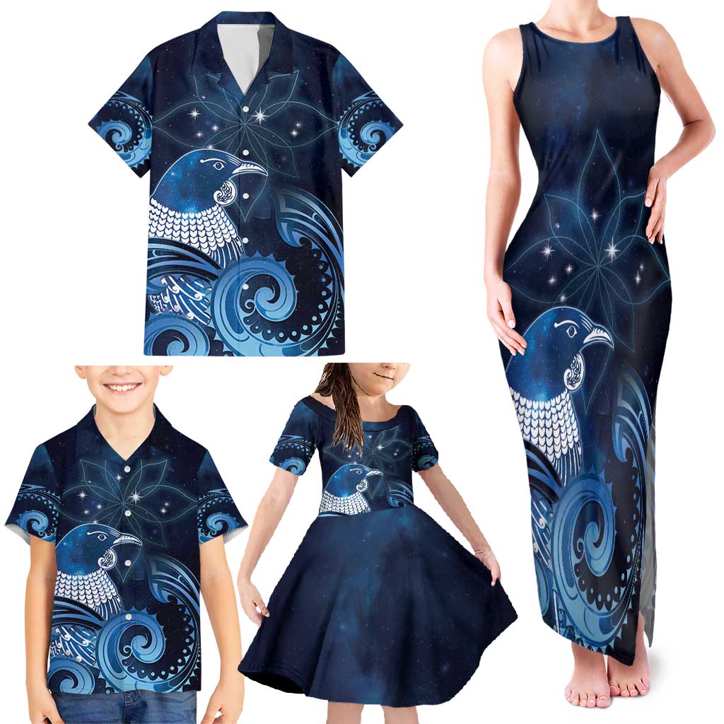New Zealand Matariki Family Matching Tank Maxi Dress and Hawaiian Shirt Maori Tui Bird Blue Galaxy DT05 - Polynesian Pride