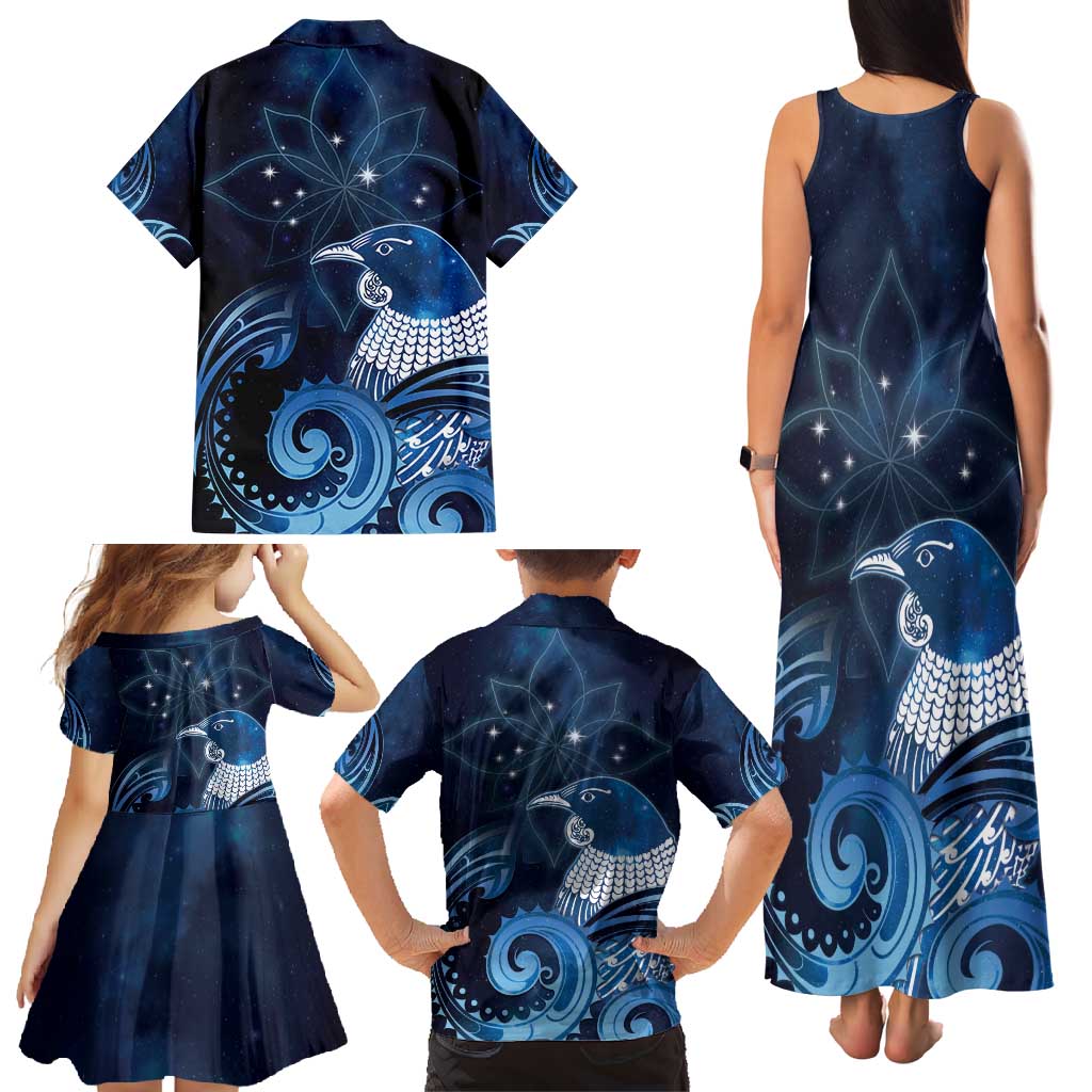 New Zealand Matariki Family Matching Tank Maxi Dress and Hawaiian Shirt Maori Tui Bird Blue Galaxy DT05 - Polynesian Pride