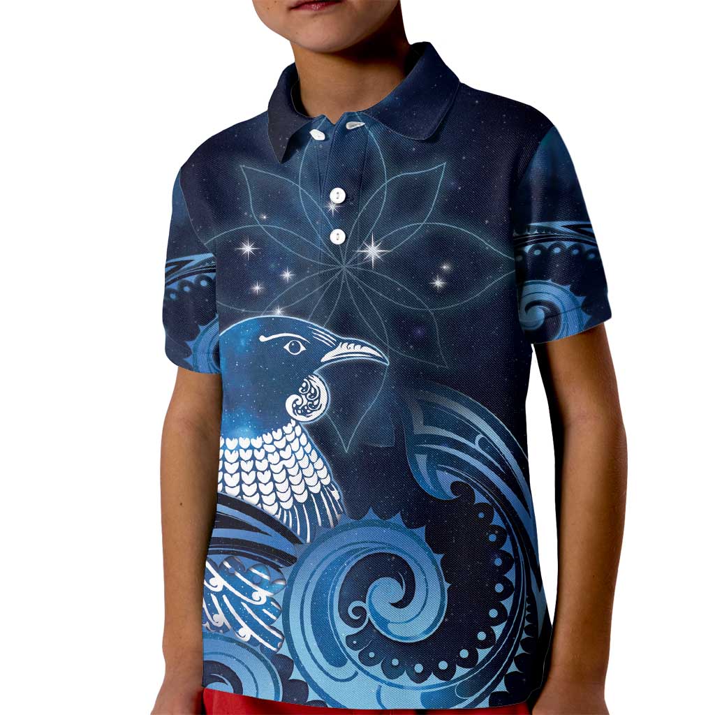 New Zealand Matariki Kid Polo Shirt Maori Tui Bird Blue Galaxy