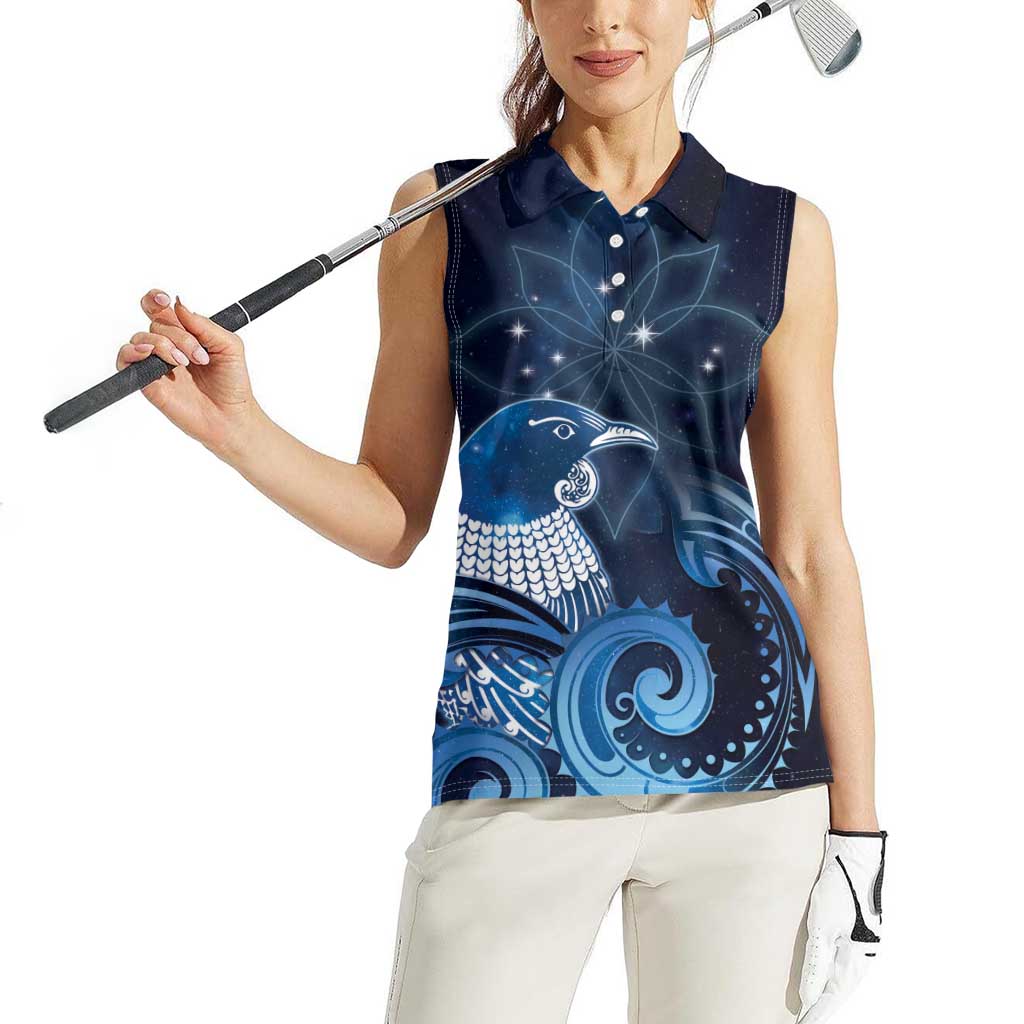New Zealand Matariki Women Sleeveless Polo Shirt Maori Tui Bird Blue Galaxy DT05 - Polynesian Pride