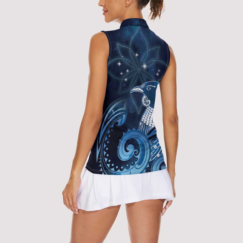 New Zealand Matariki Women Sleeveless Polo Shirt Maori Tui Bird Blue Galaxy DT05 - Polynesian Pride