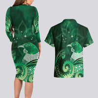 New Zealand Matariki Couples Matching Long Sleeve Bodycon Dress and Hawaiian Shirt Maori Tui Bird Green Galaxy DT05 - Polynesian Pride